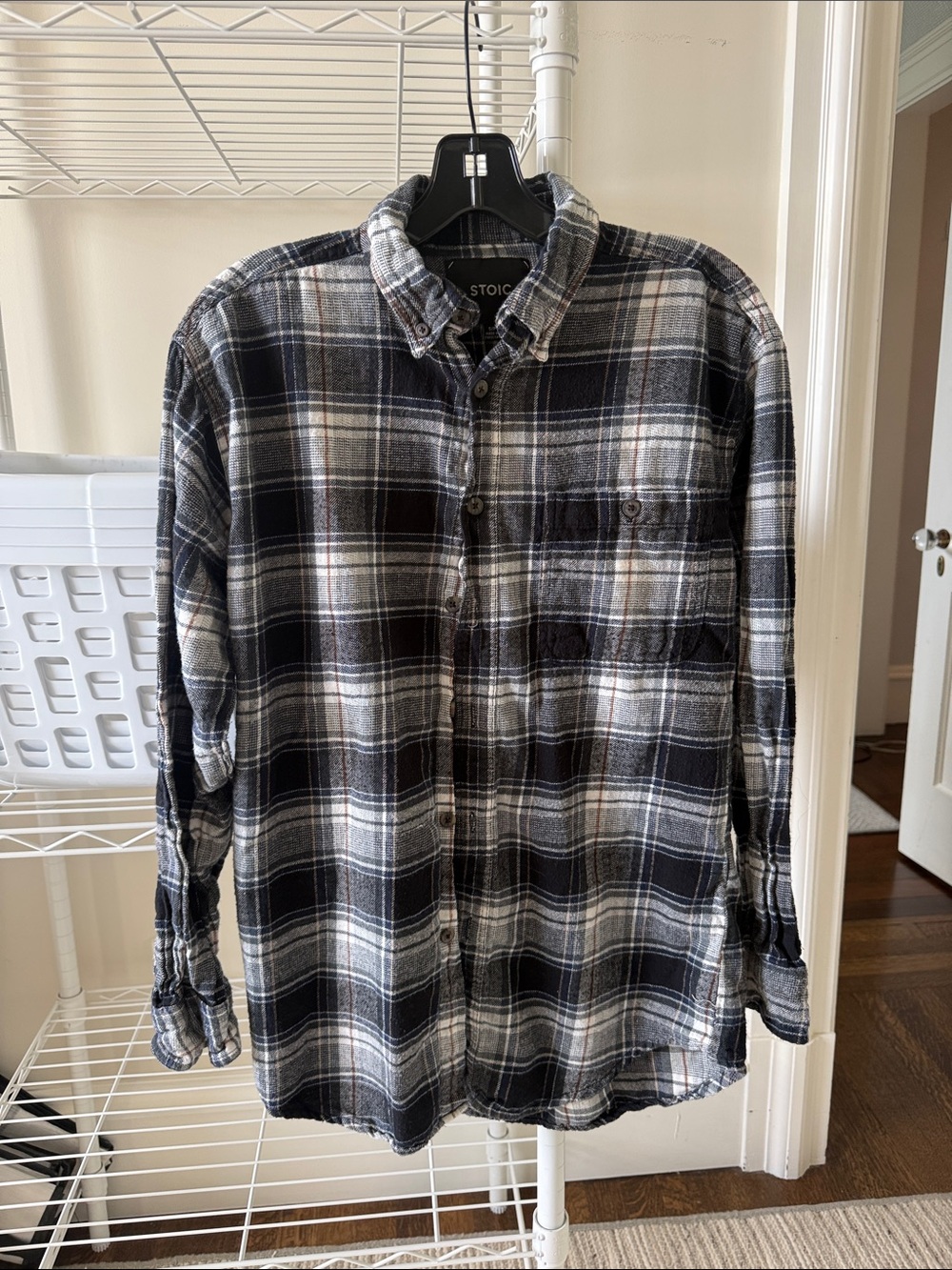 Men's small Stoic brand Black & Gray Plaid flannel Shirt
